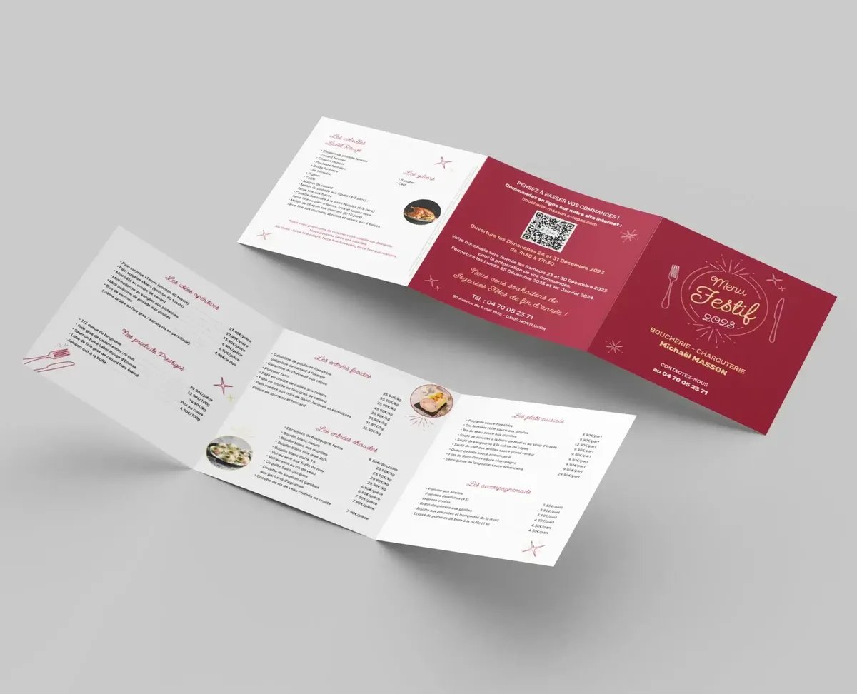 Dépliant de fêtes plié d'un traiteur, imprimé par ACTIV, avec un QR code
