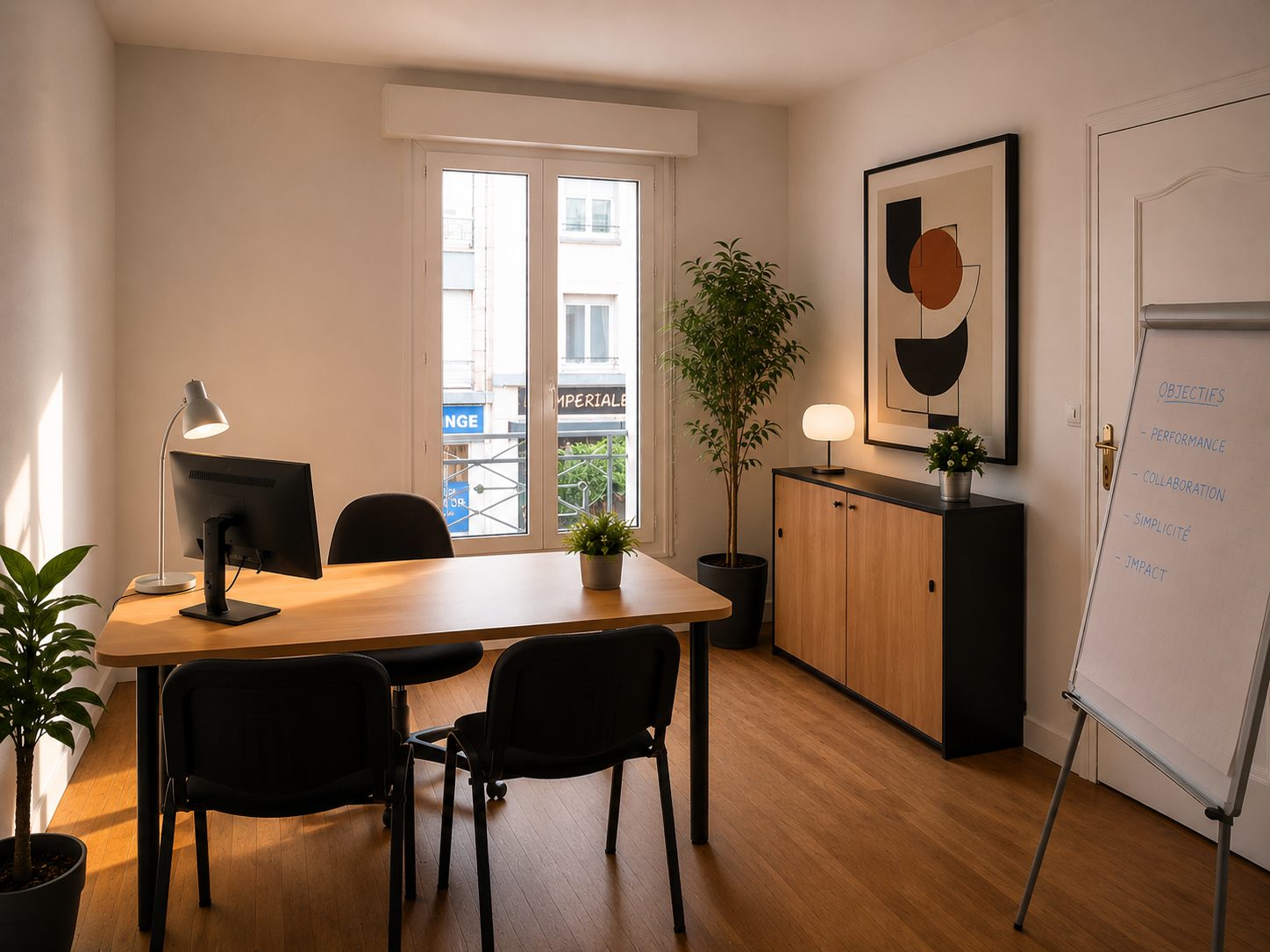 Bureau fermé de réunion chez Webdesign29 à Brest, table de travail et paperboard d'objectifs