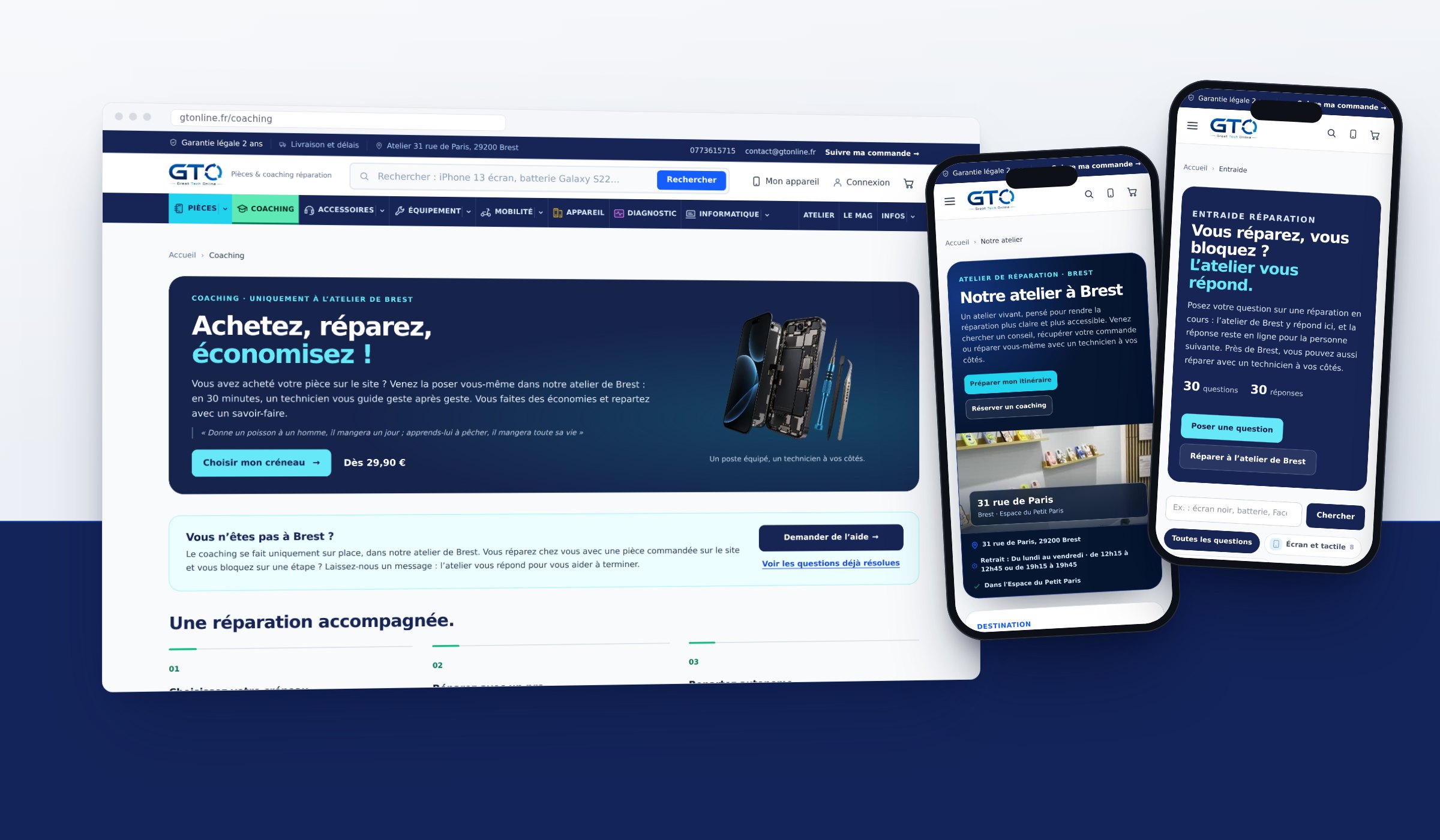 La page Coaching sur ordinateur, la page Atelier et la rubrique Entraide sur téléphone