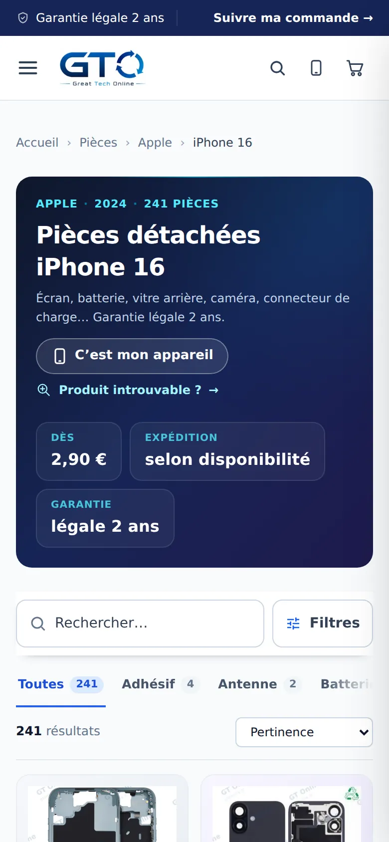 Page modèle sur téléphone
