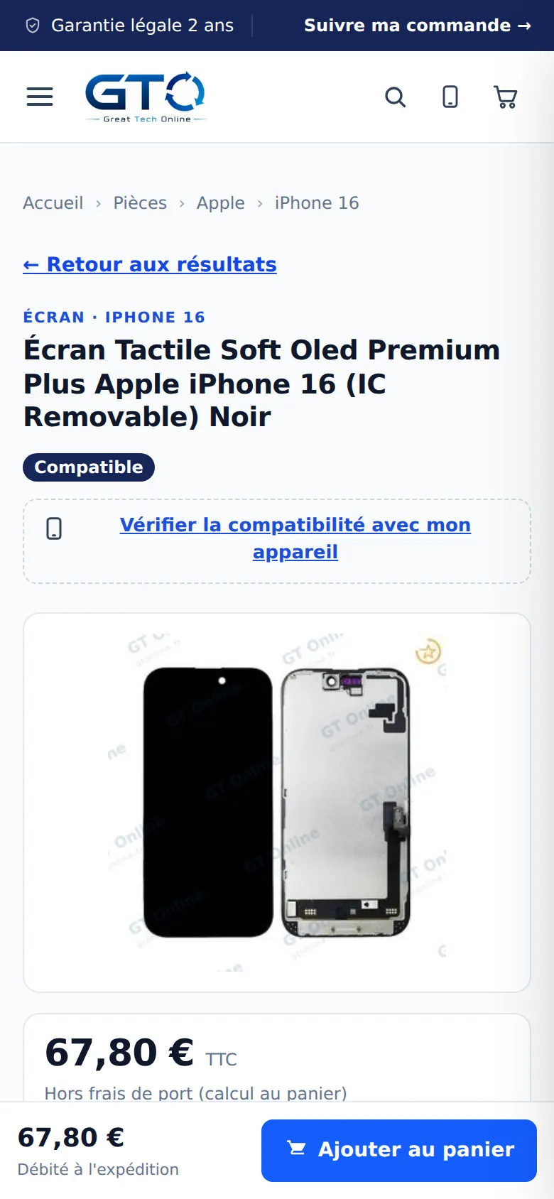 Fiche produit sur téléphone