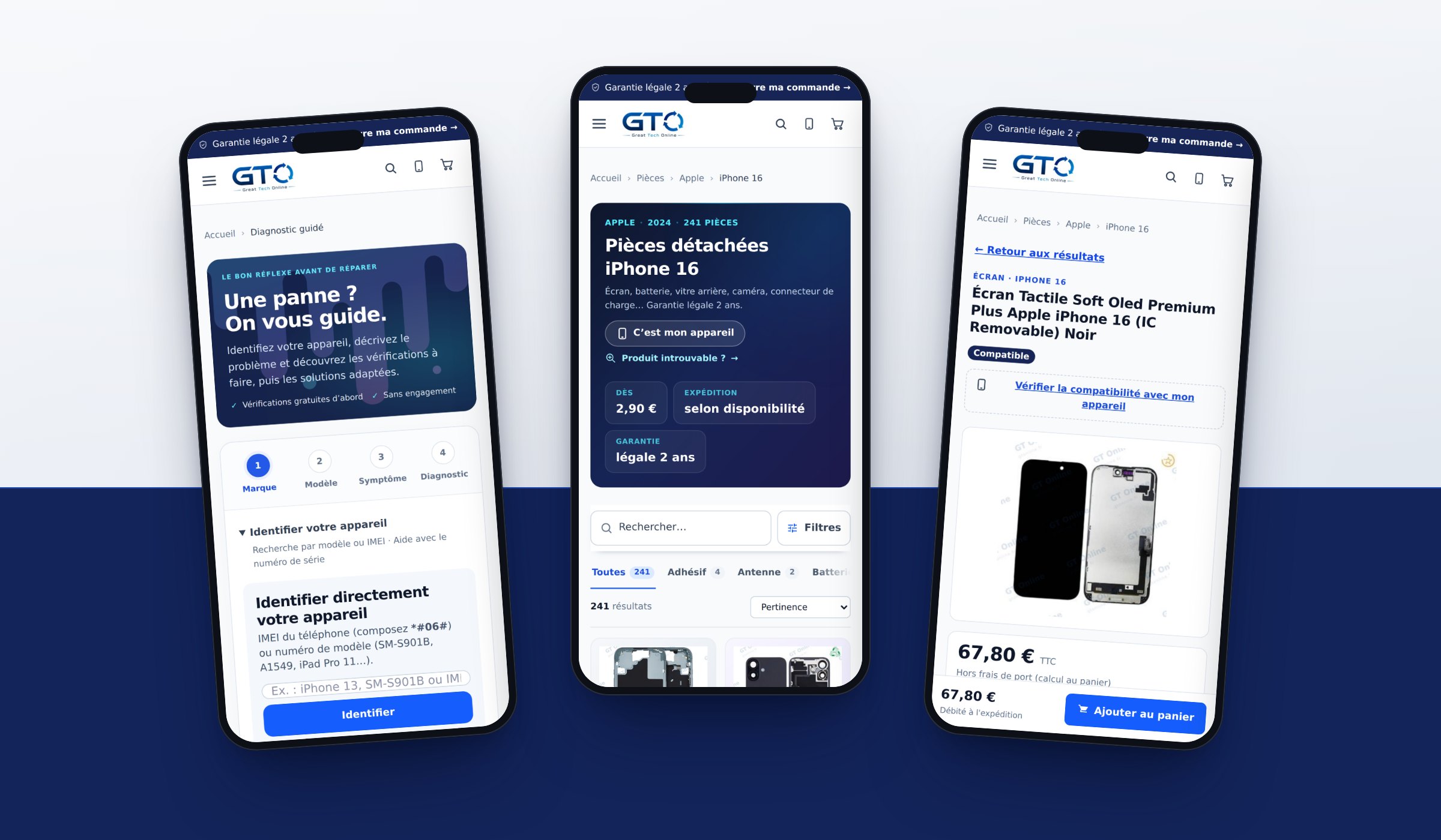 Le diagnostic guidé, la page du modèle iPhone 16 et la fiche d’un écran sur téléphone