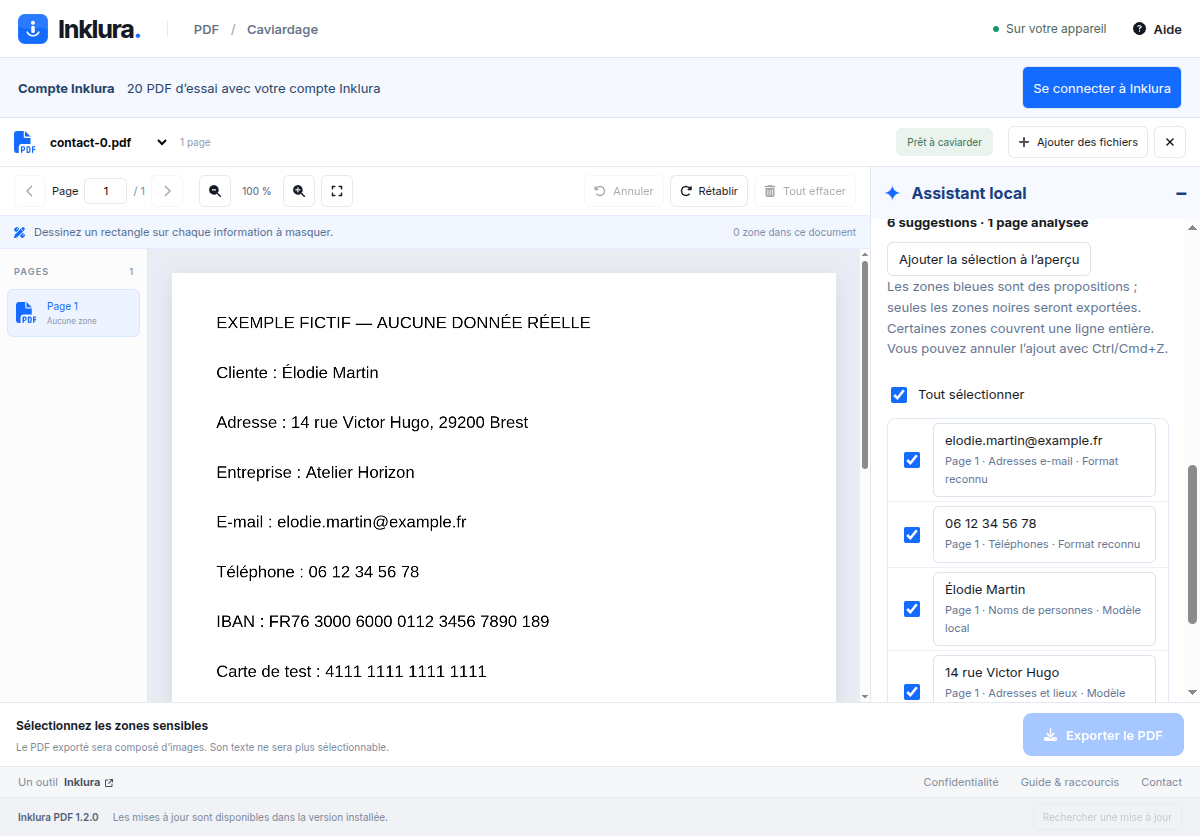 L’assistant local et ses suggestions sur un document fictif — capture publiée de la version 1.2.0.