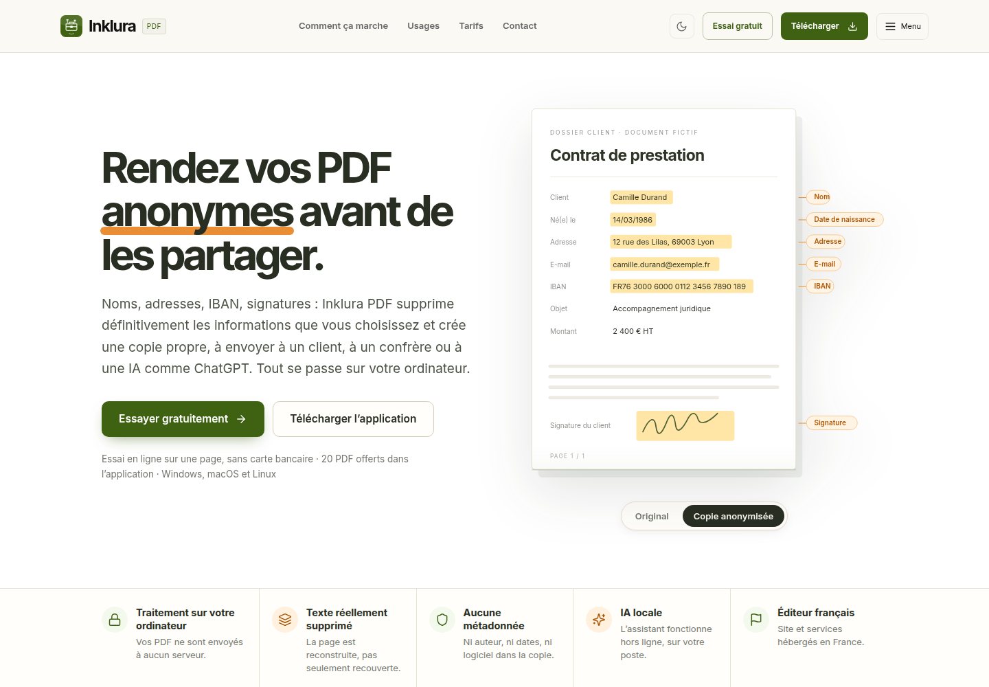 L’accueil et sa démonstration de caviardage sur un contrat fictif