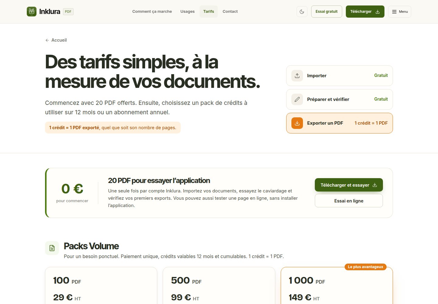 La présentation des crédits, des packs et des abonnements